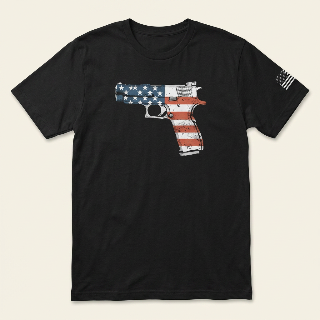 American Flag Pistol Black T-Shirt: Patriotic 2nd Amendment Tee