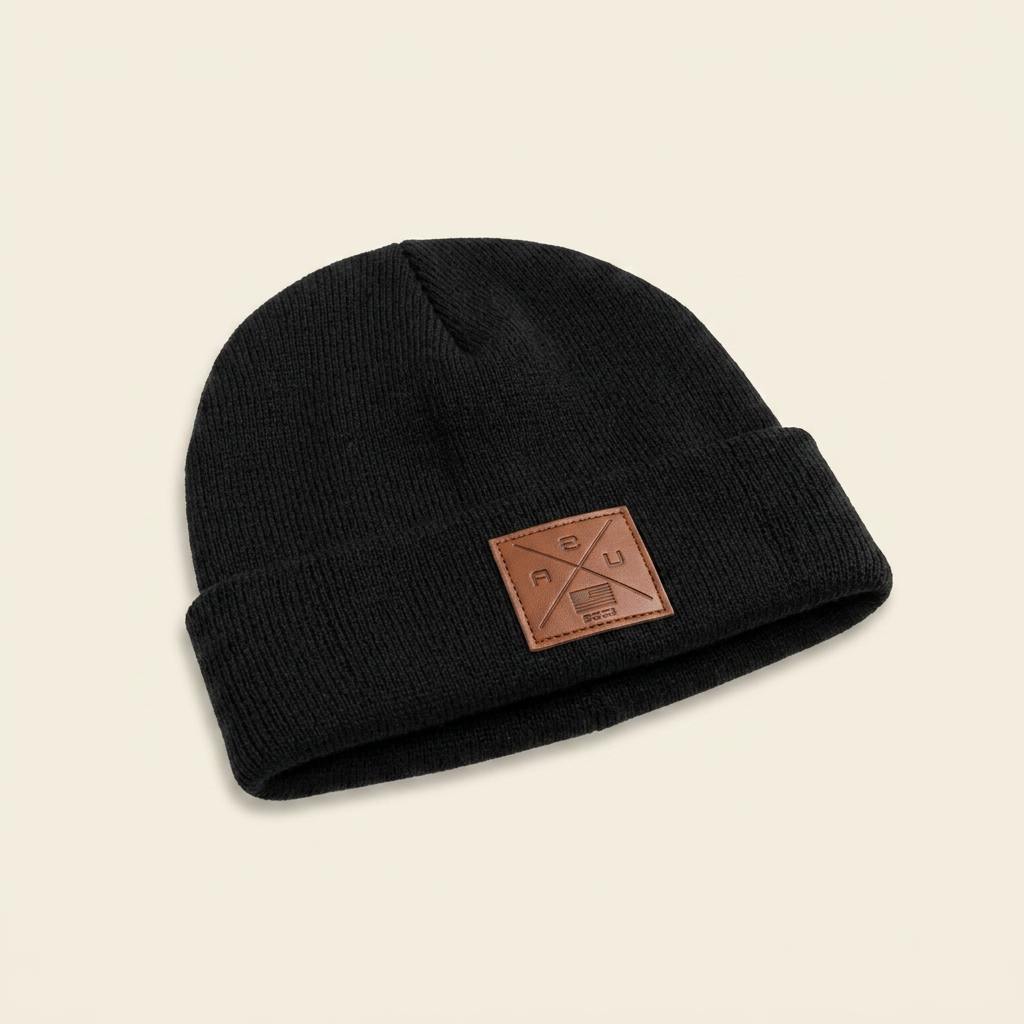 Black USA Beanie - Leather Patch Cuffed Knit Hat
