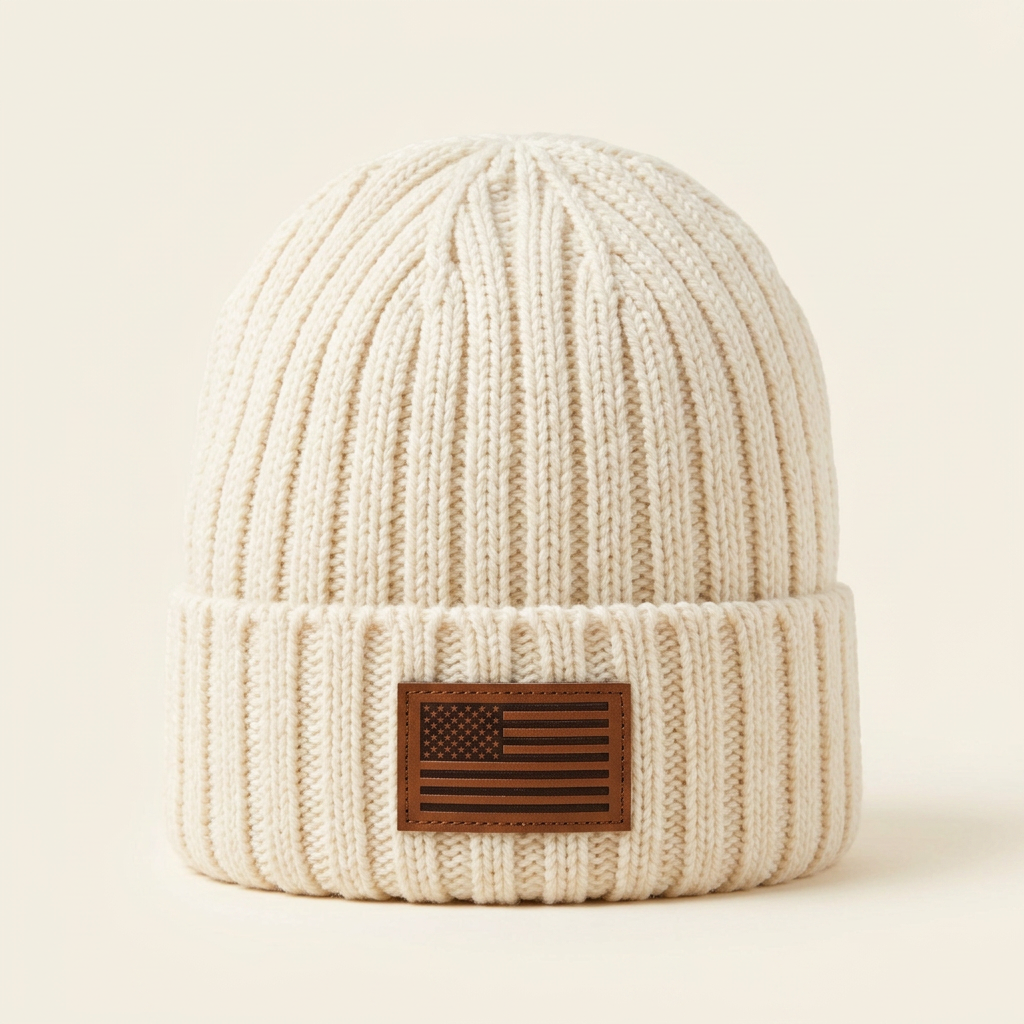 Warm Winter USA Patriotic American Flag 1776 Beanie One size fits all cream color with leather patch. perfect gift for holidays & Christmas