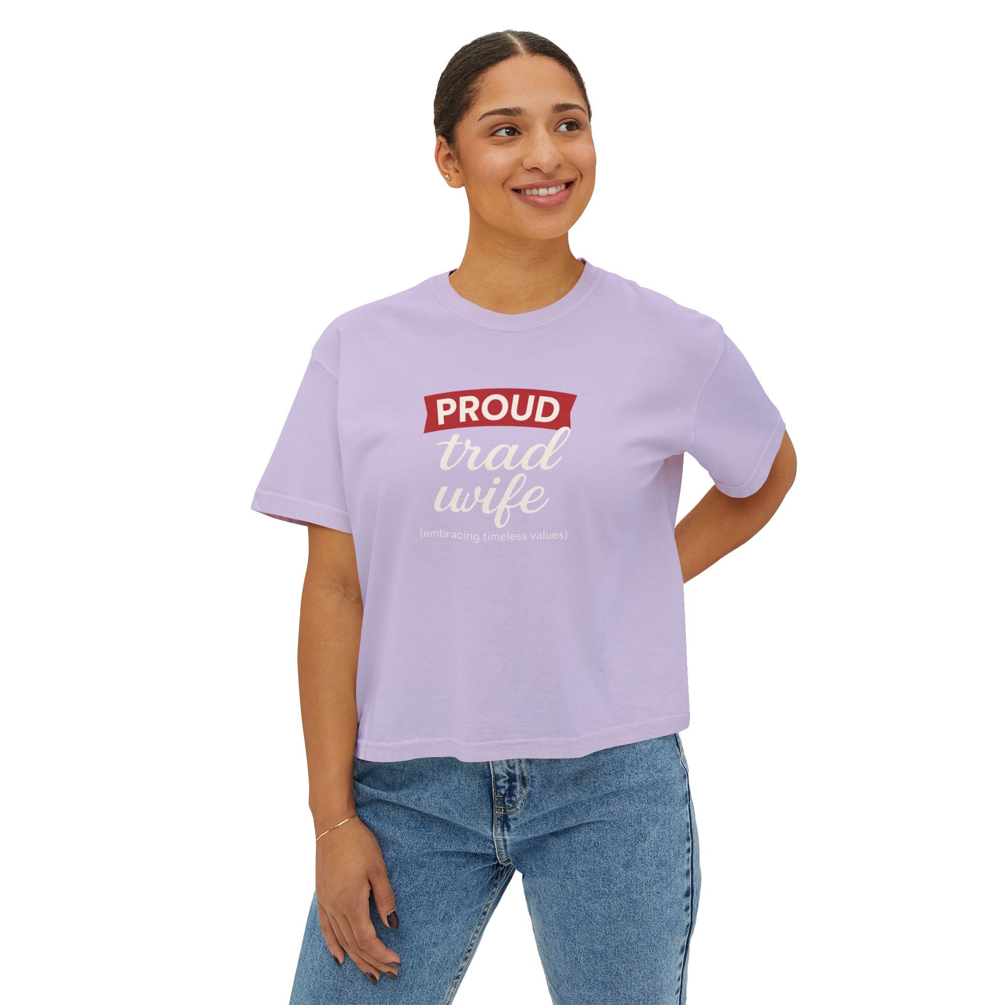 Proud Trad Wife Boxy Tee — Feminine Retro Script Couples Shirt