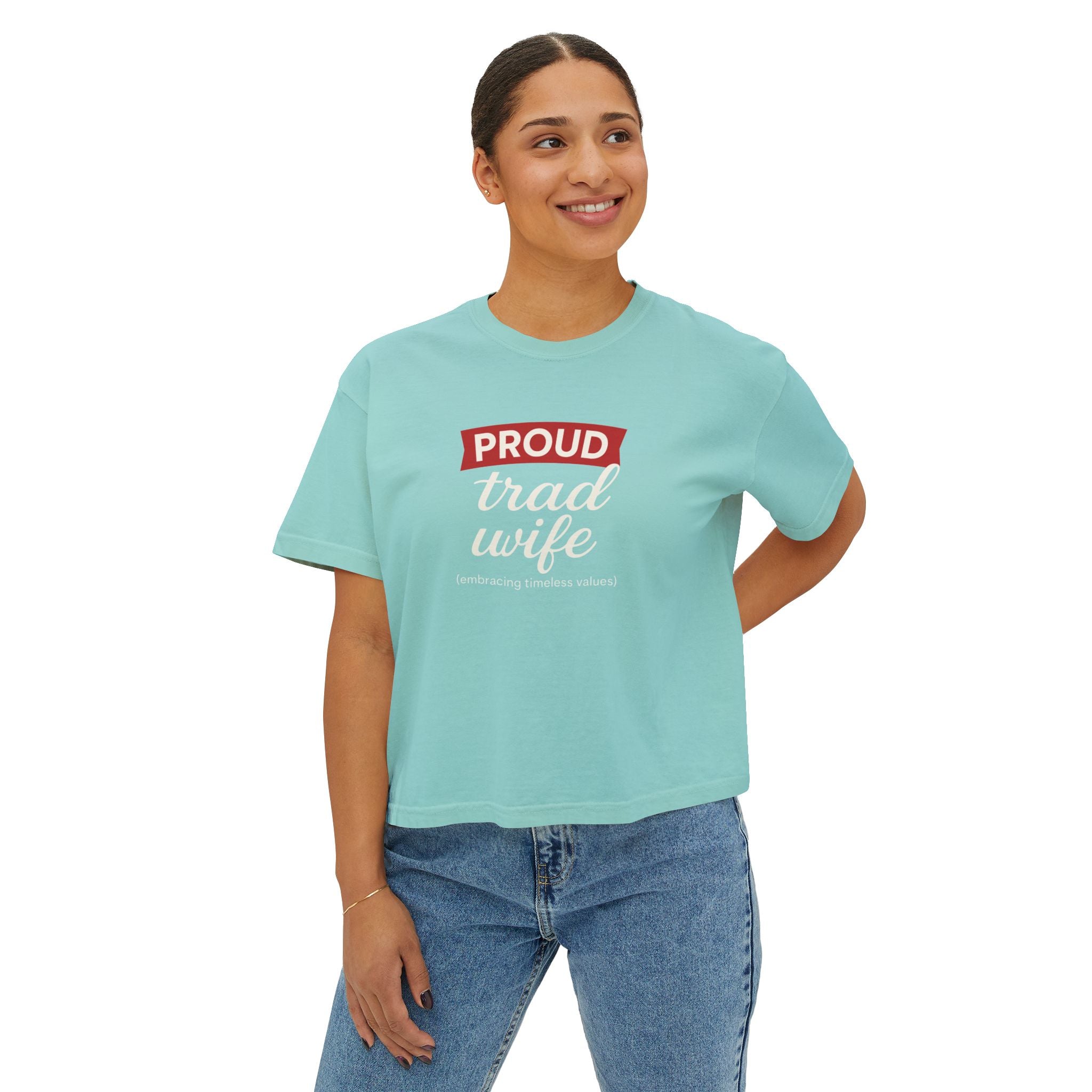 Proud Trad Wife Boxy Tee — Feminine Retro Script Couples Shirt