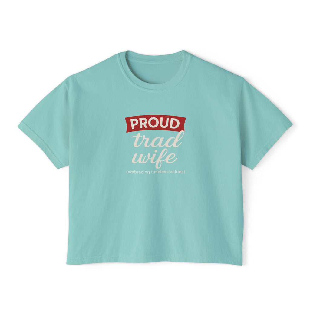 Proud Trad Wife Boxy Tee — Feminine Retro Script Couples Shirt