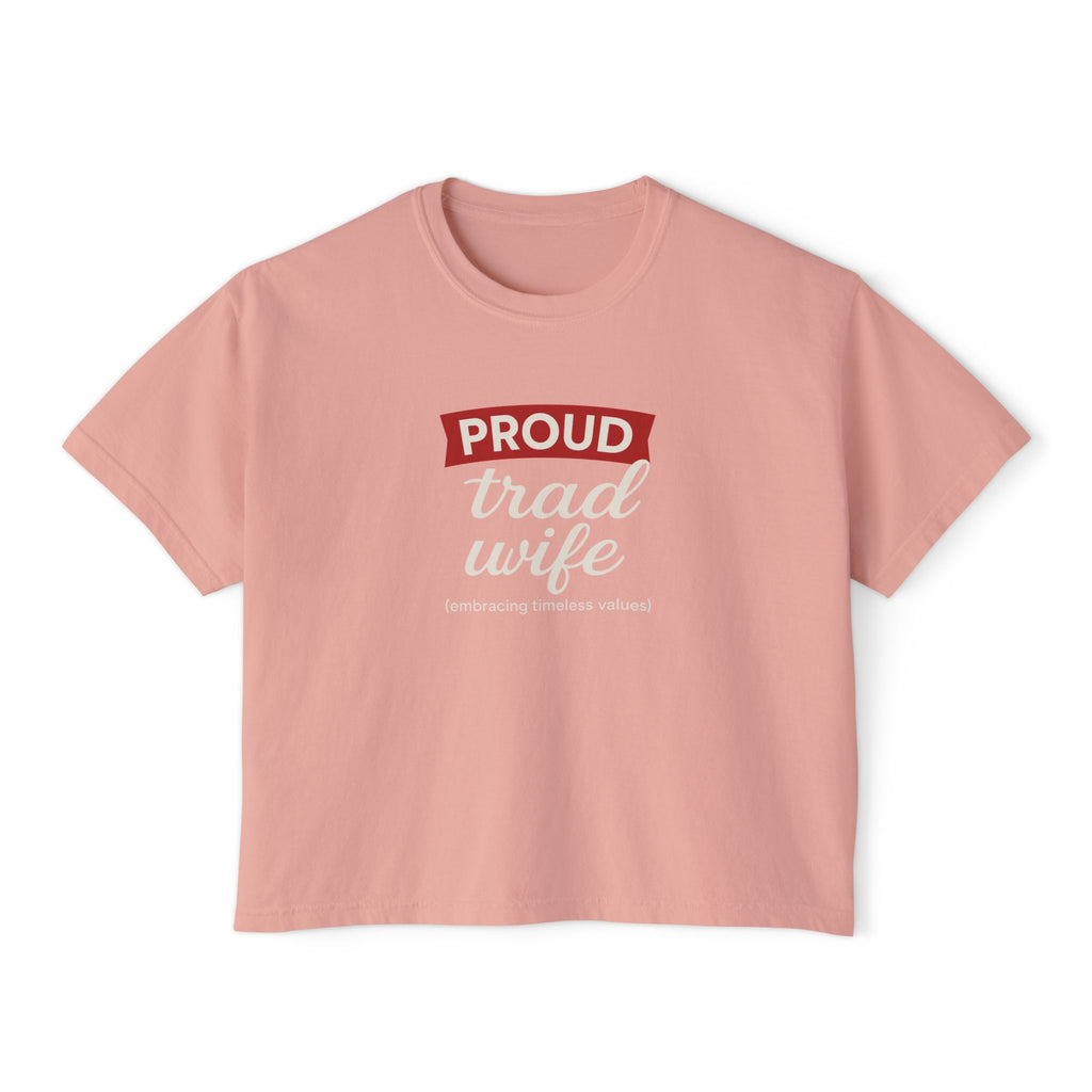 Proud Trad Wife Boxy Tee — Feminine Retro Script Couples Shirt