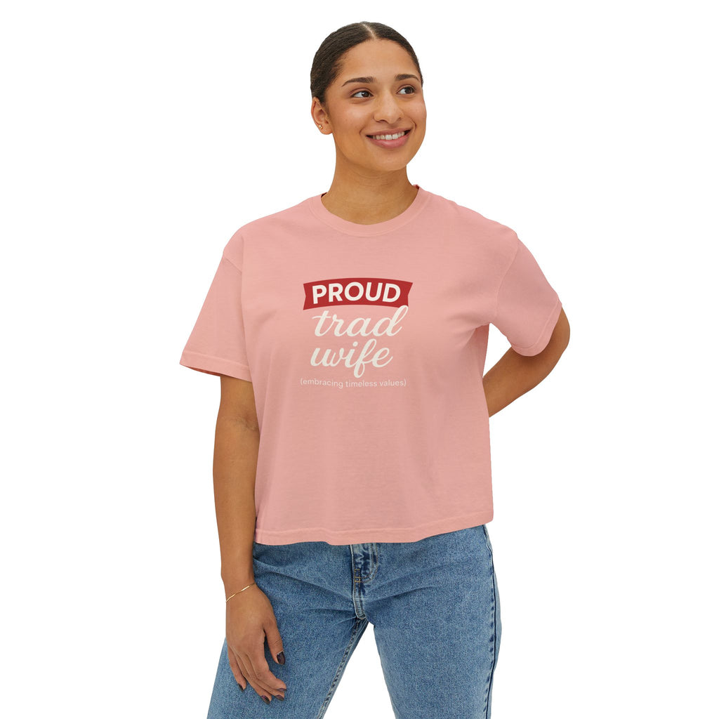 Proud Trad Wife Boxy Tee — Feminine Retro Script Couples Shirt