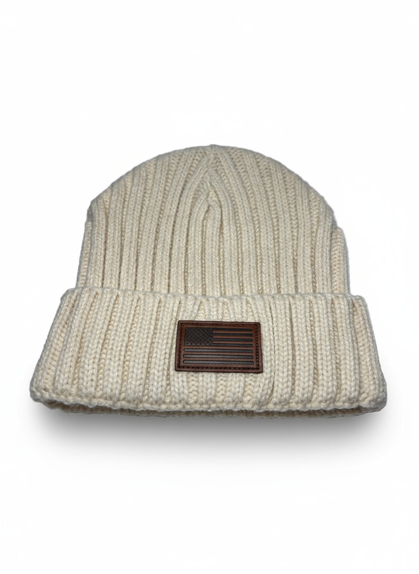 Cream USA flag Leather Patch Beanie