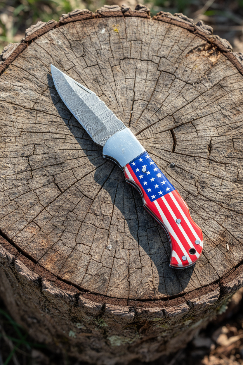 Damascus Steel Pocket Knife - American Flag Handle