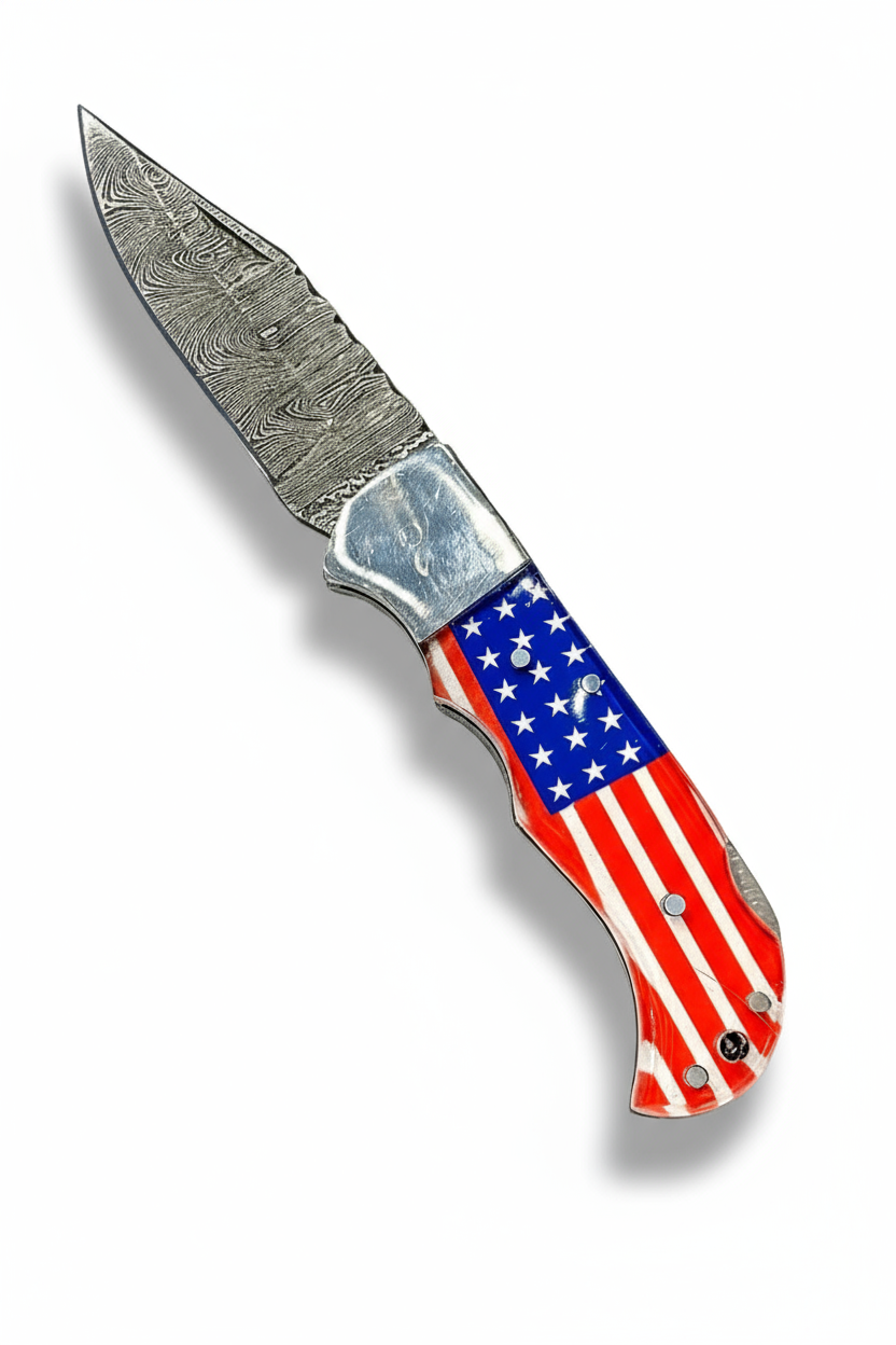 Damascus Steel Pocket Knife - American Flag Handle