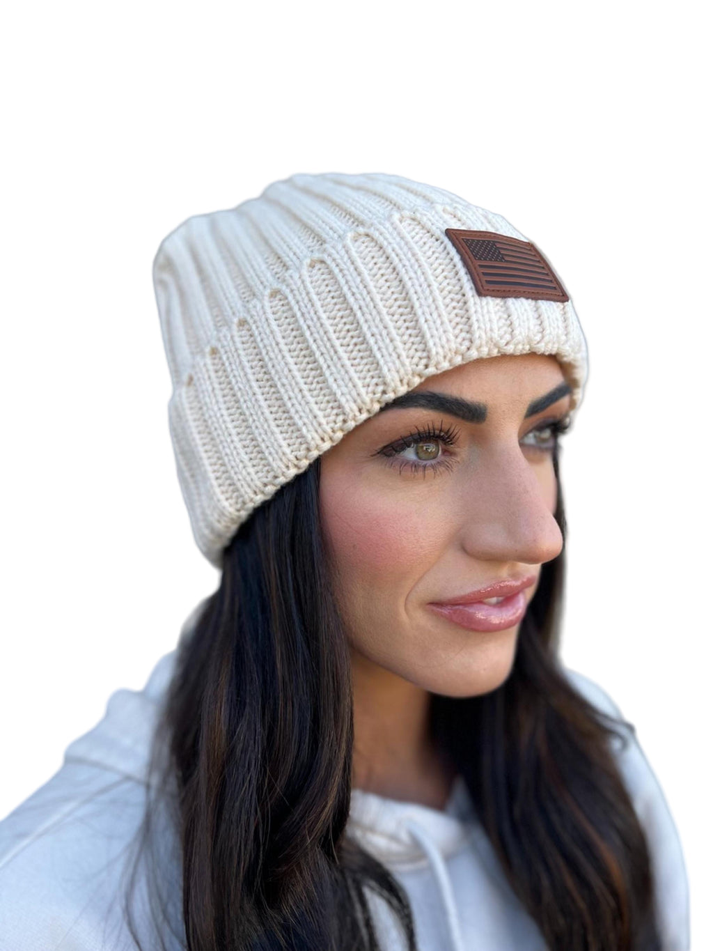 Cream USA flag Leather Patch Beanie