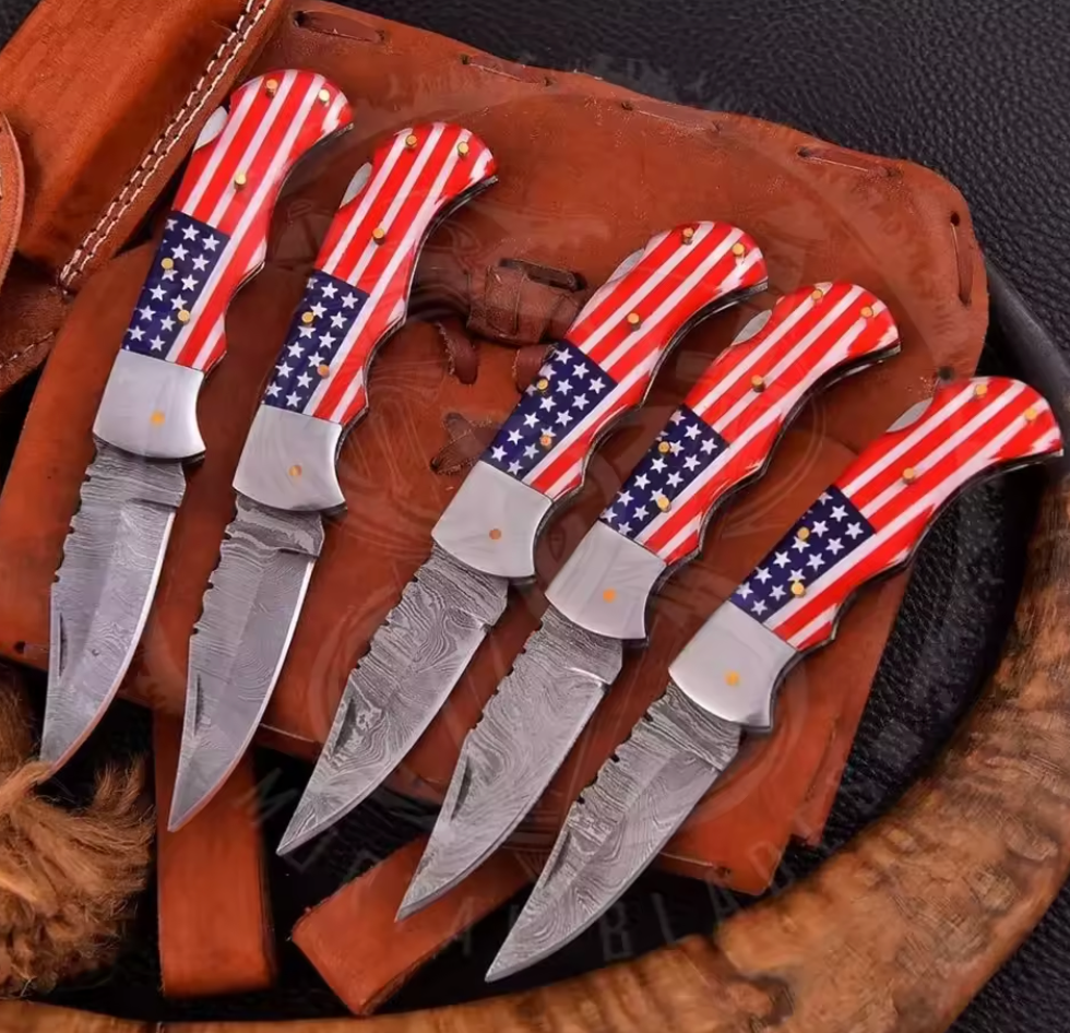 Damascus Steel Pocket Knife - American Flag Handle