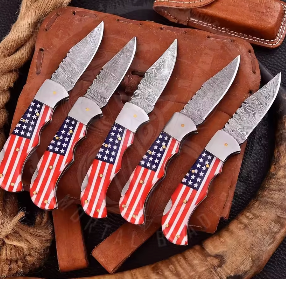 Damascus Steel Pocket Knife - American Flag Handle