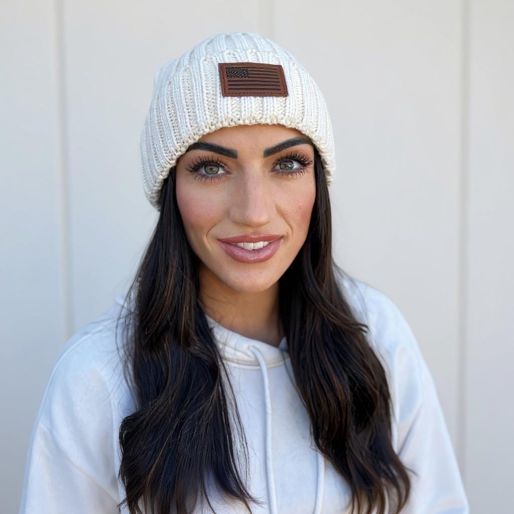 Cream USA flag Leather Patch Beanie