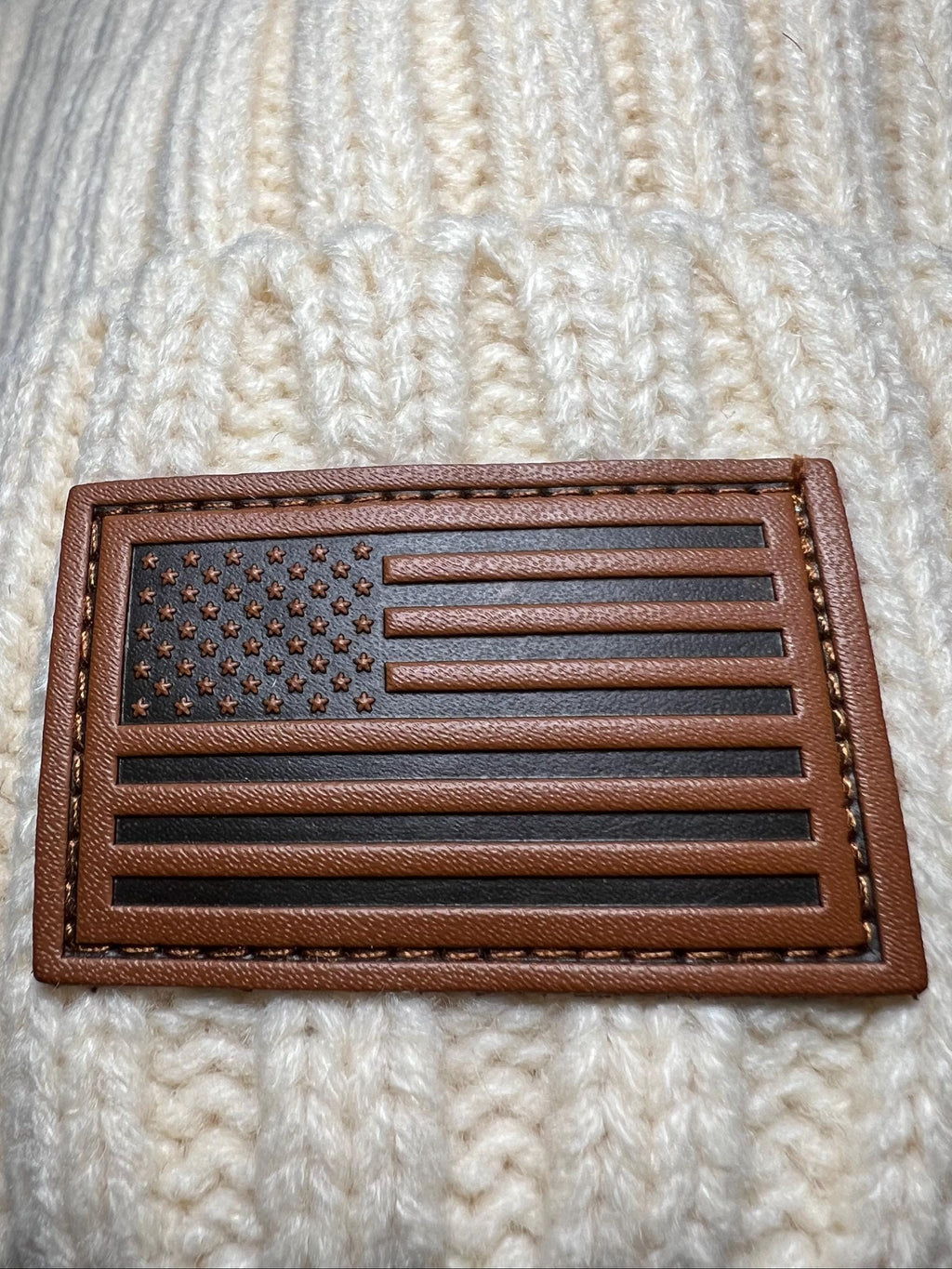 Cream USA flag Leather Patch Beanie