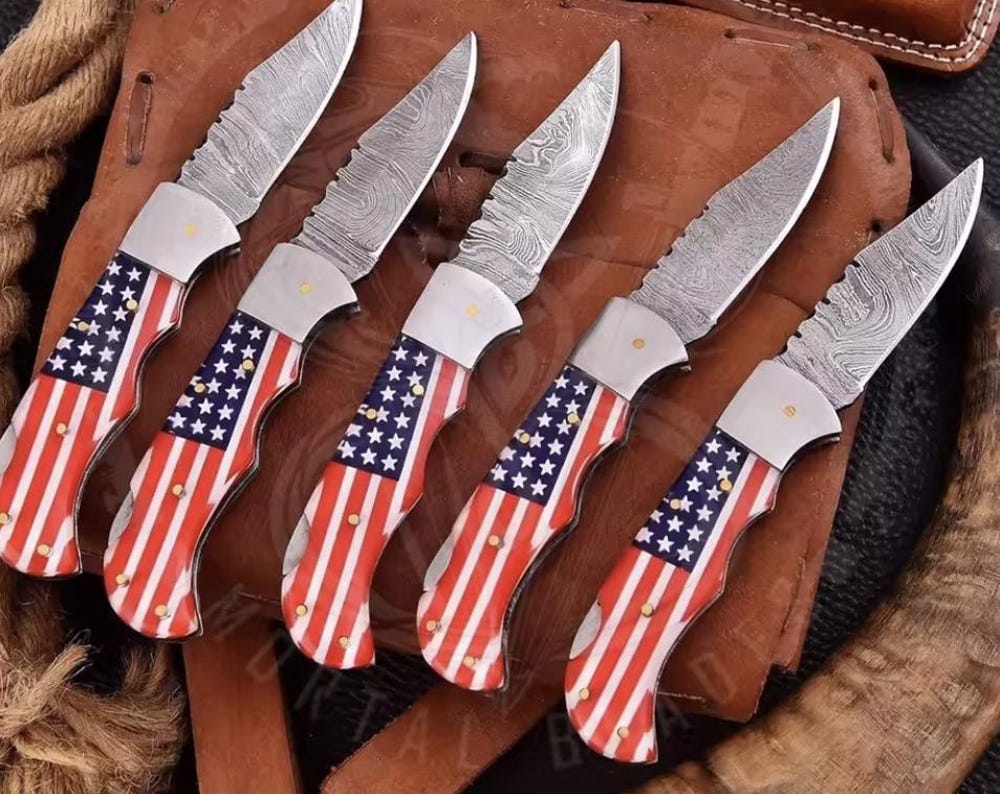 Damascus Steel Pocket Knife - American Flag Handle